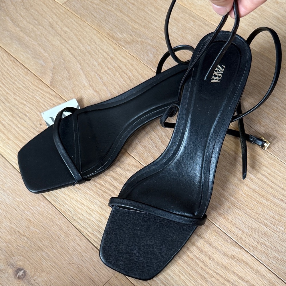 Zara Simple Black Sandals with Gold Block Heels